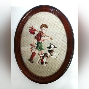 Vintage Framed Needlepoint Boy and Dog Wall Art